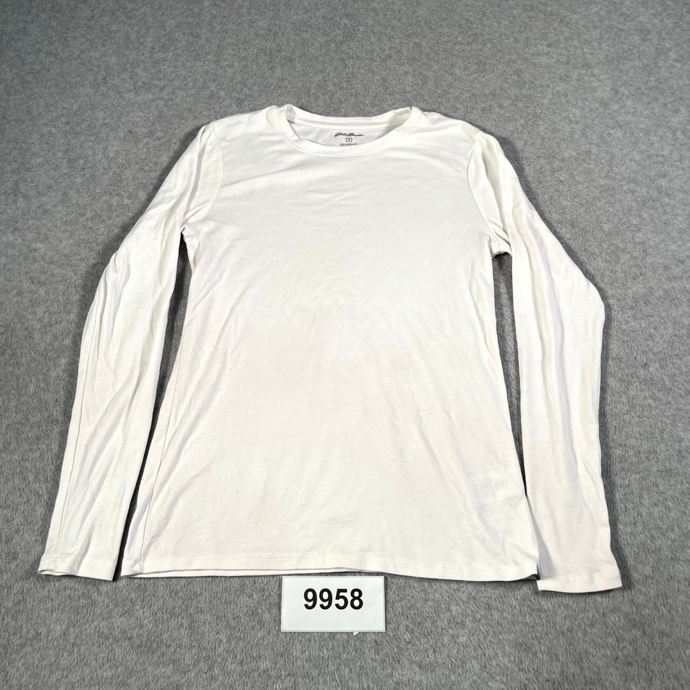 Eddie Bauer Shirt Womens Medium White Cotton Stretch Long Sleeve Crew Neck